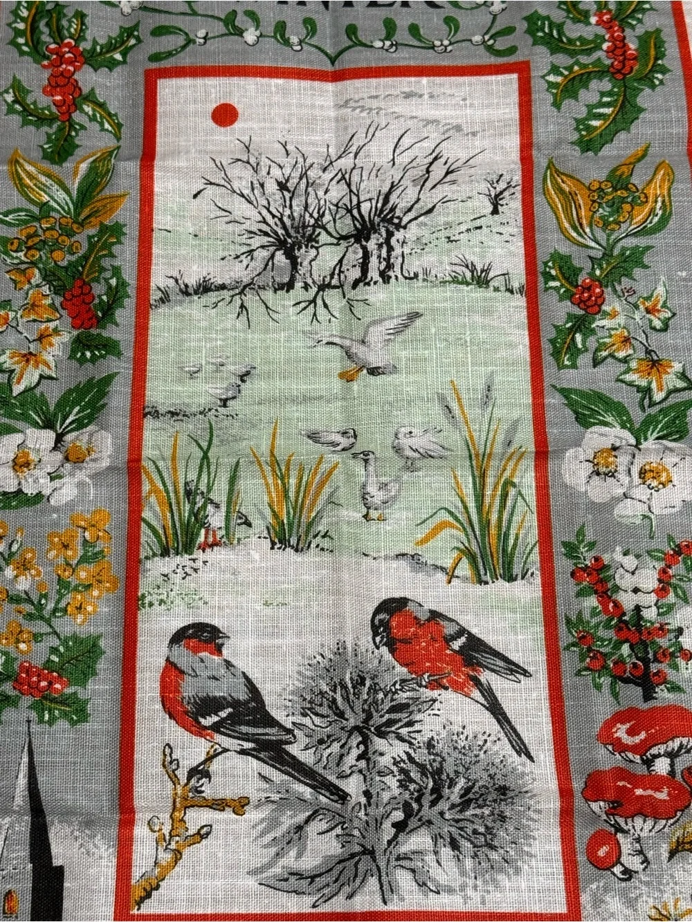VTG 1980 Irish Linen Tea Towel Winter Scene D Vaughan Oxfordshire WI Folk